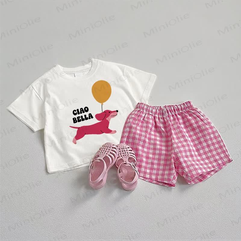 CIAO BELLA Baby Dog Print Tee and Plaid Shorts 2-Piece Set - White&Pink - 3-5T - image 1