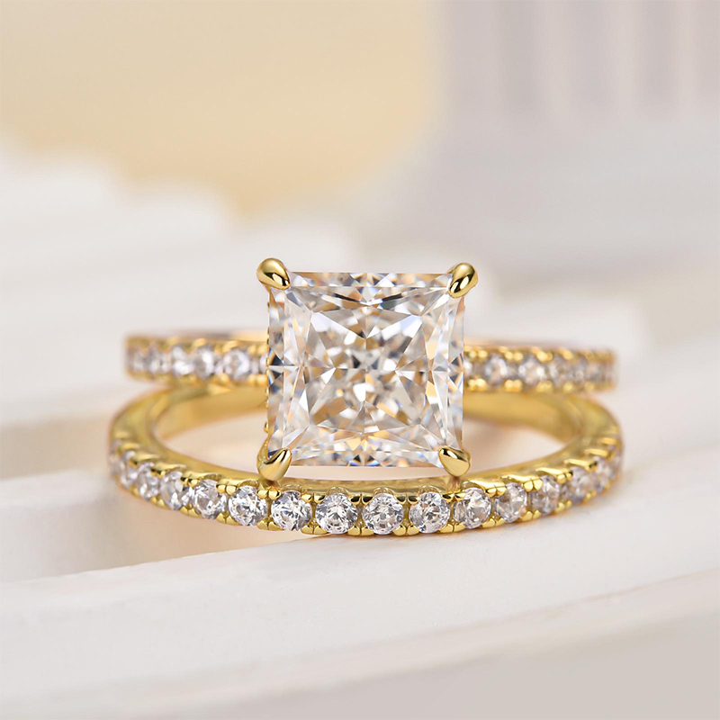 princess cut dress rings S925 Elegant Square Princess Cut Wedding Ring Set For Women In Sterling Silver/ Size:8/ 18K Yellow Gold Gold/ 925 Sterling Silver