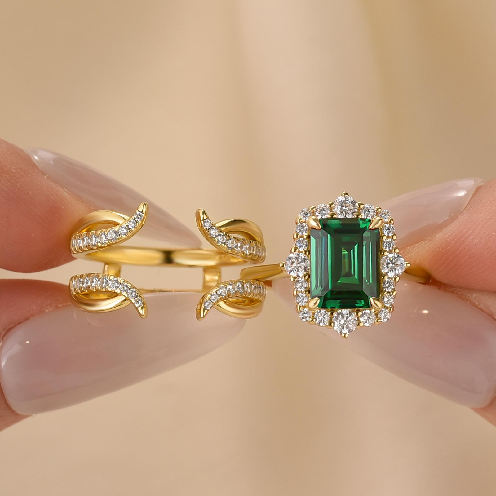 S925 Enhancer 3.0Ct Yellow Gold Halo Red/Green Wedding Ring Set with Jacket Wedding Band/ Size:6/ 18K Yellow Gold Gold/ 925 Sterling Silver
