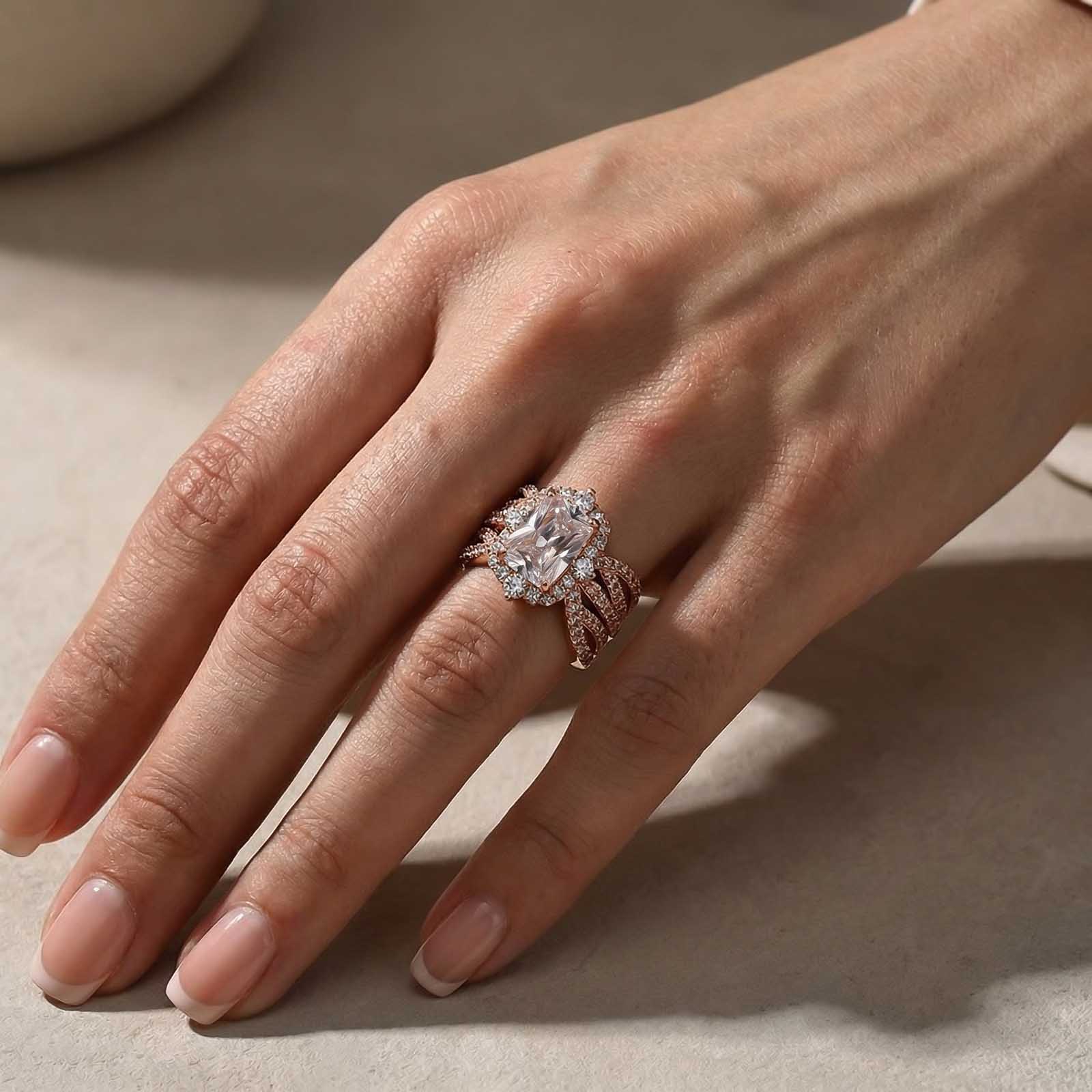 Vintage 3.5 Carat Halo Radiant Cut Insert Wedding Ring Set TFor 