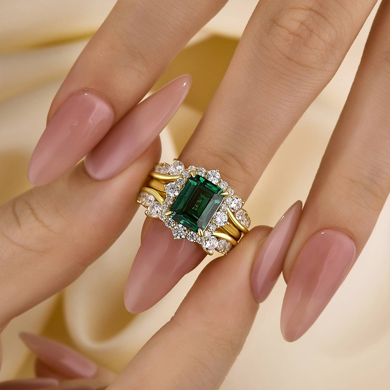 S925 3.0Ct Halo Emerald Cut Insert Wedding Ring Set with Vintage Jacket Wedding Band/ Size:7.5/ 18K Yellow Gold Gold/ 925 Sterling Silver