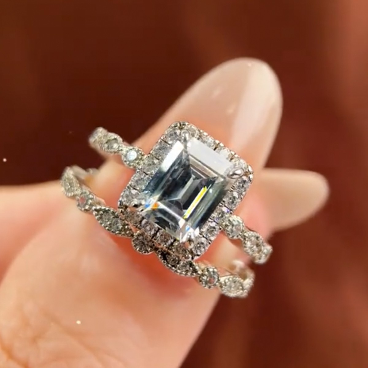 Halo Emerald Cut Wedding Ring Set With Vintage Wedding Band - Main Image