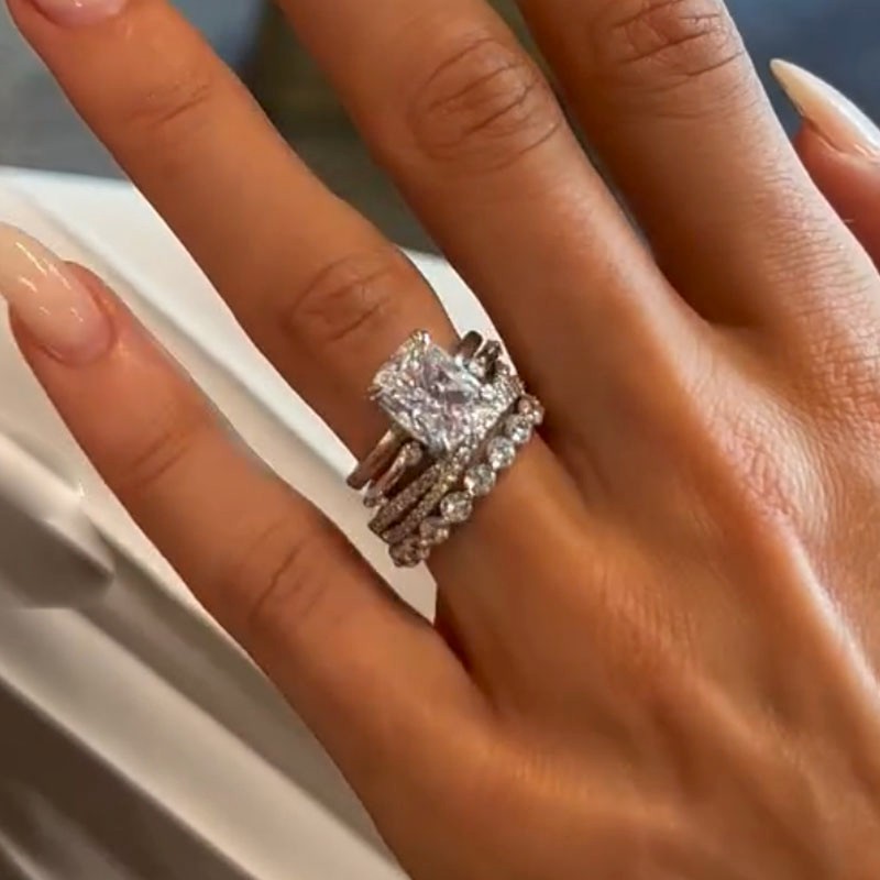 4PC Cushion Cut Wedding Ring Set With Three Classic Wedding