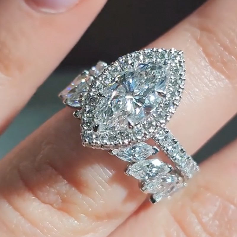Halo Marquise Cut Wedding Ring Set With Marquise Cut Half