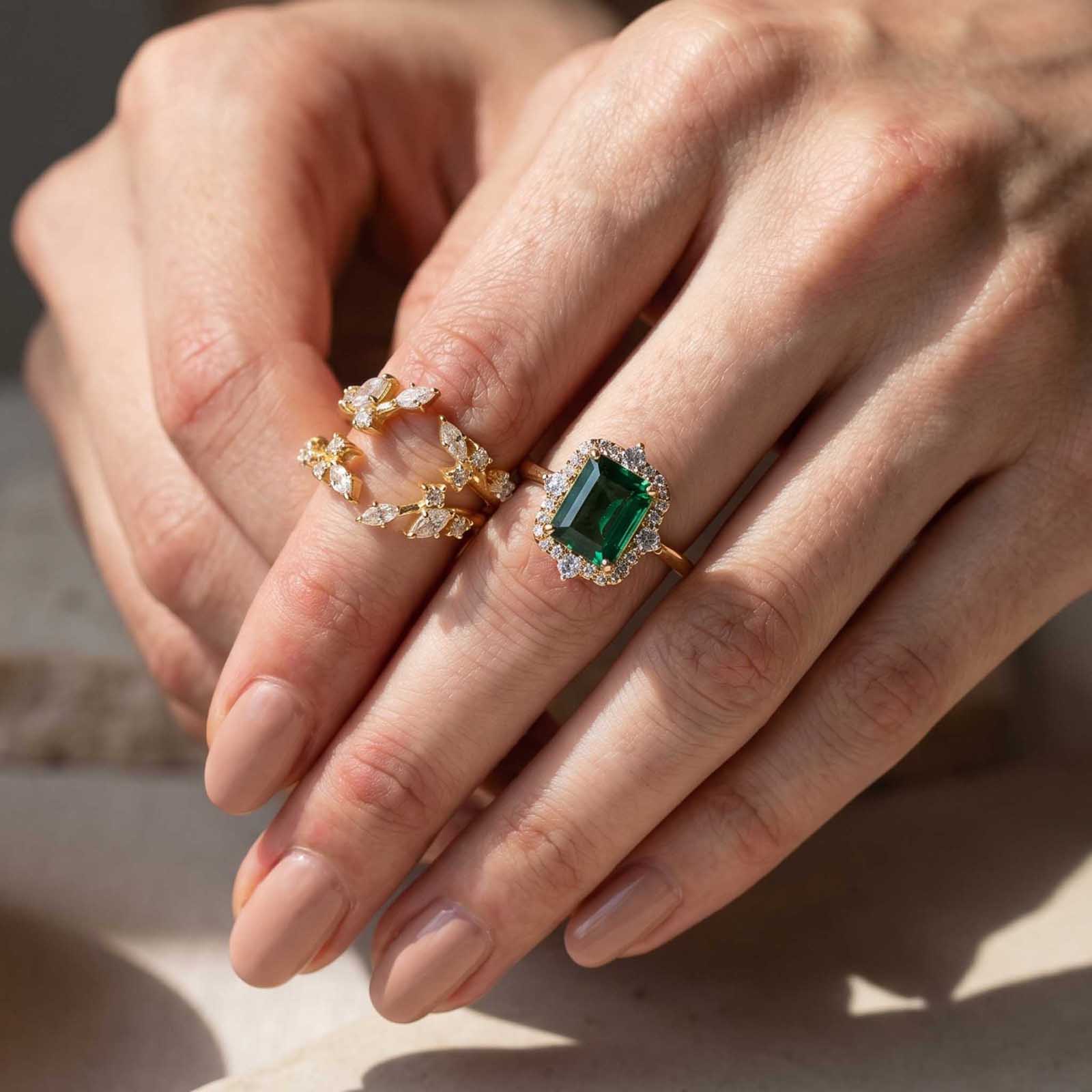 emerald green dress ring S925 Halo 3.0Ct Cut Engagement in Sterling Silver with 1.5Ct Marquise&Round Cut Open Enhancer Wedding Band/ Size:6.5/ 18K Yellow vintage emerald green engagement rings
