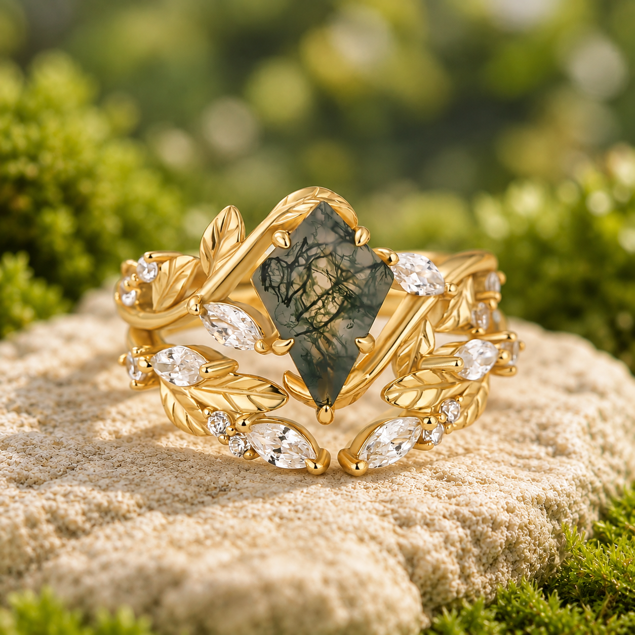S925 Nature-Inspired 2.0Ct Kite Cut Moss Agate Leaf Vine Wedding