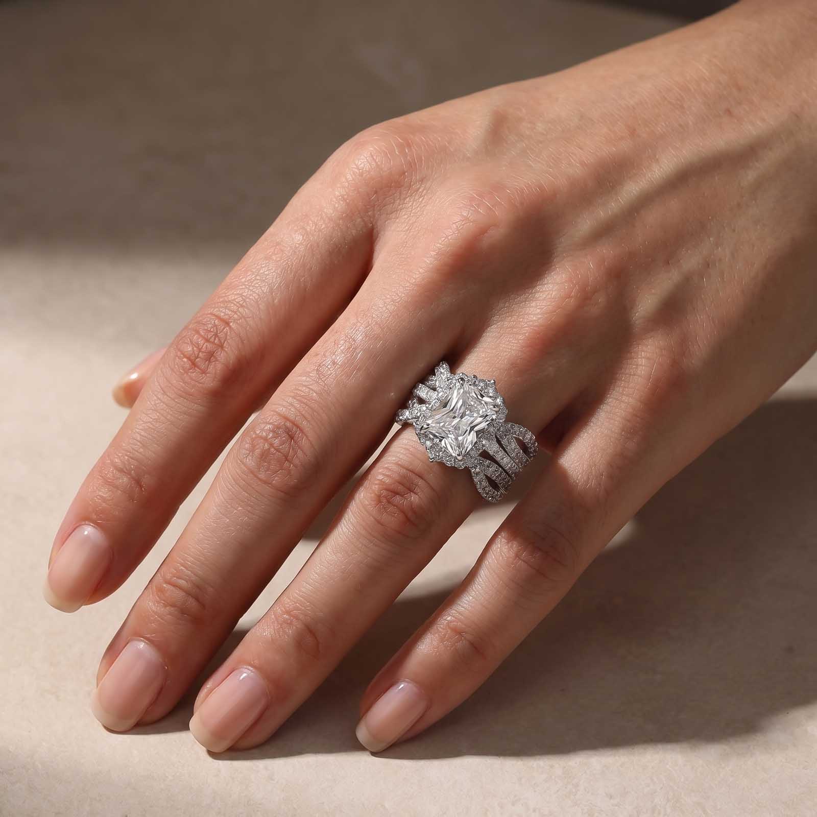 Vintage 3.5 Carat Halo Radiant Cut Insert Wedding Ring Set TFor 