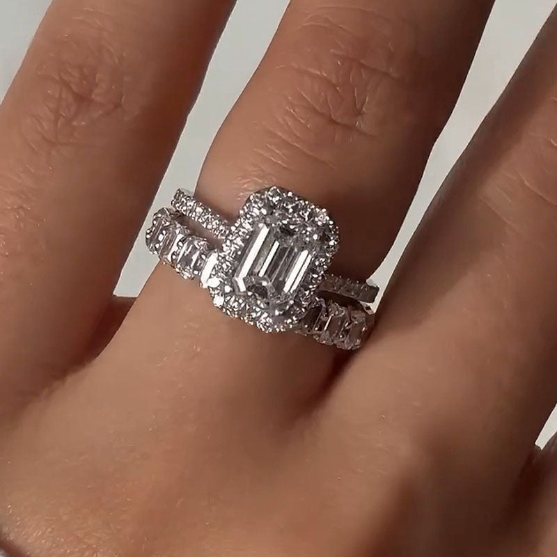 Maxine Noble Halo Emerald Cut Wedding Ring Set-Maxinejewelry