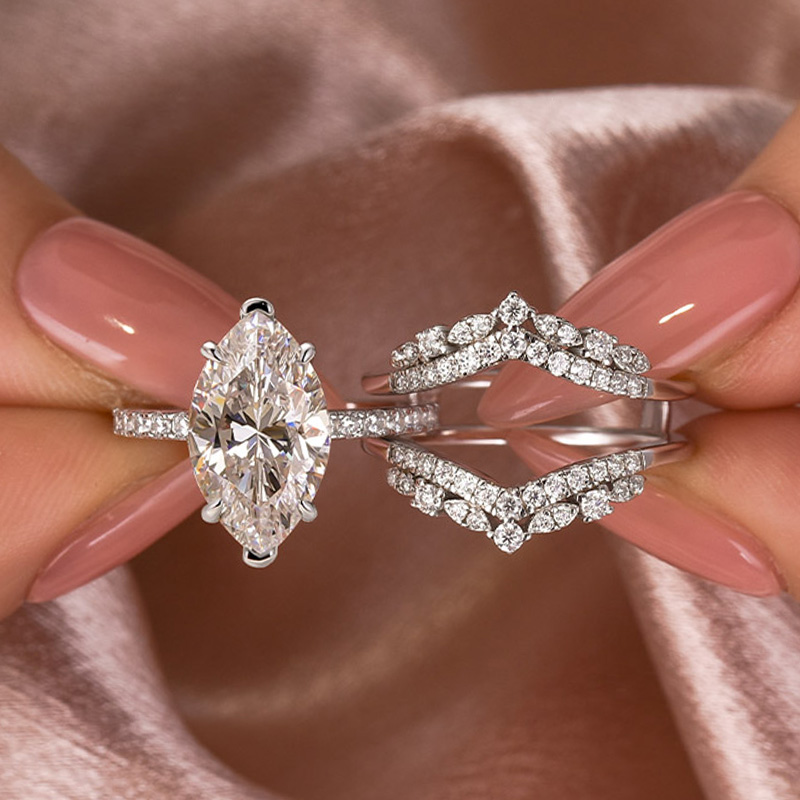 Marquise Diamond Band Moissanite Engagement Ring Sets Moissanite