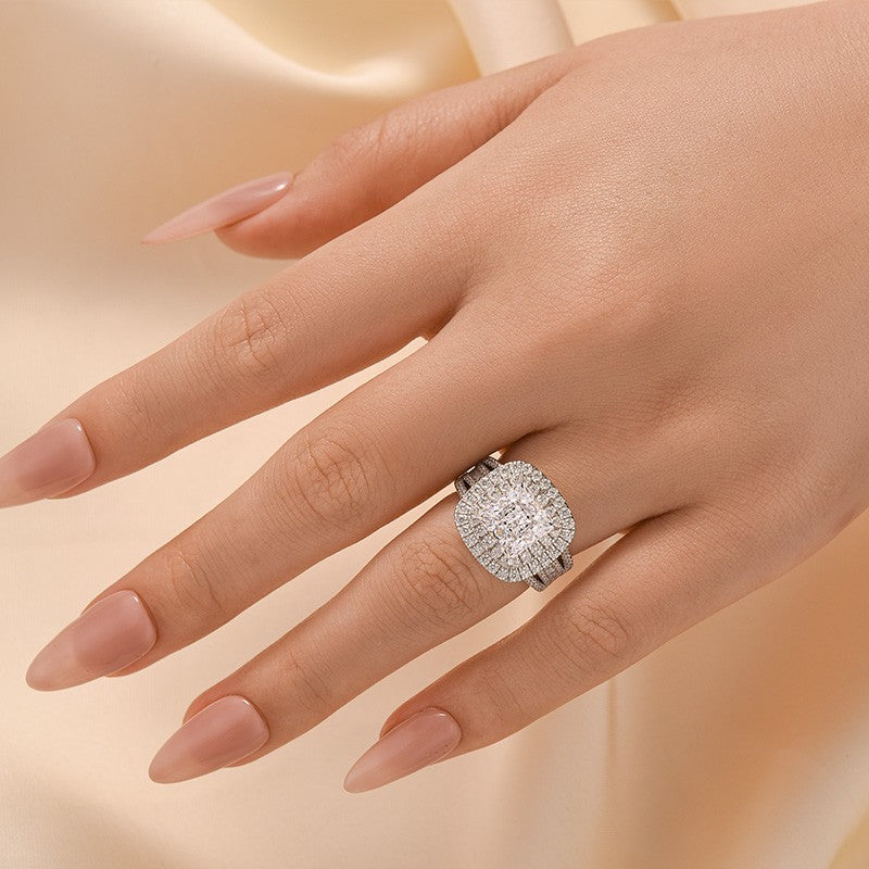 Princess Cut Double Halo Split Shank Engagement Ring In Sterling