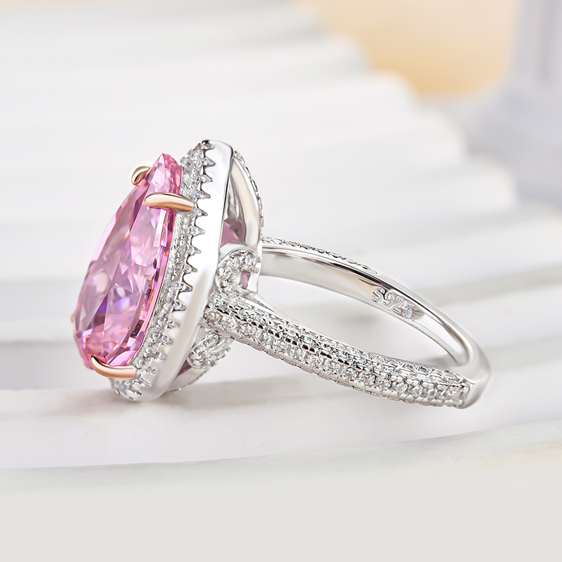 Luxurious Pink Sapphire Halo Radiant Cut Engagement Ring 925+White Gold/Simulated Diamond / 9