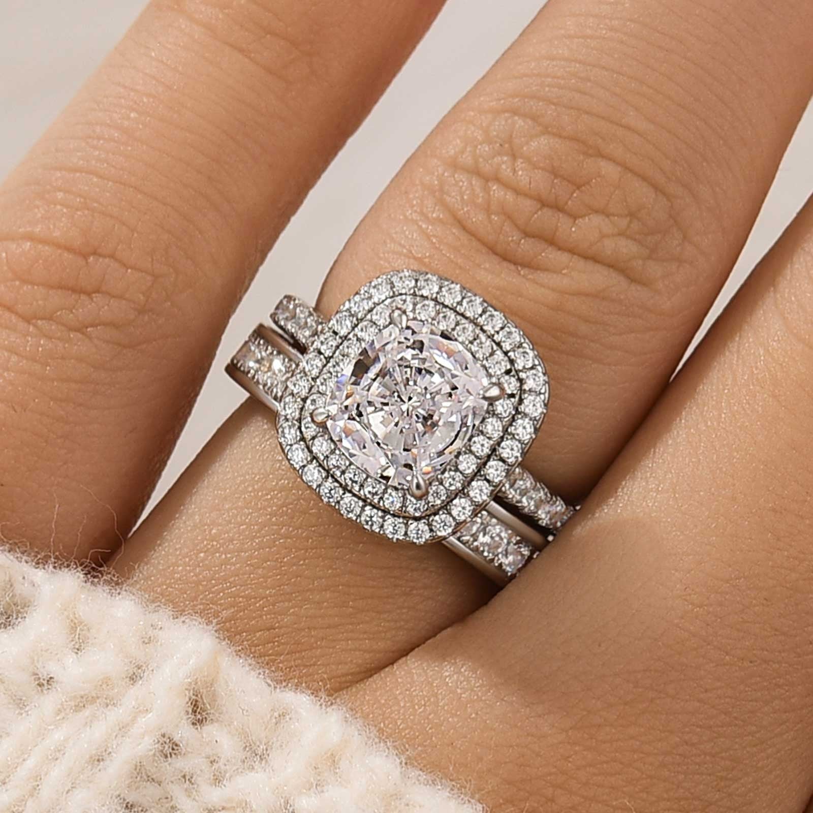 Double Halo Cushion Cut 2 Carat Engagement Ring with Channel Set Wedding Band/ Size:8.5/ 18K White Gold Gold/ 925 Sterling Silver, image size:1600x1600