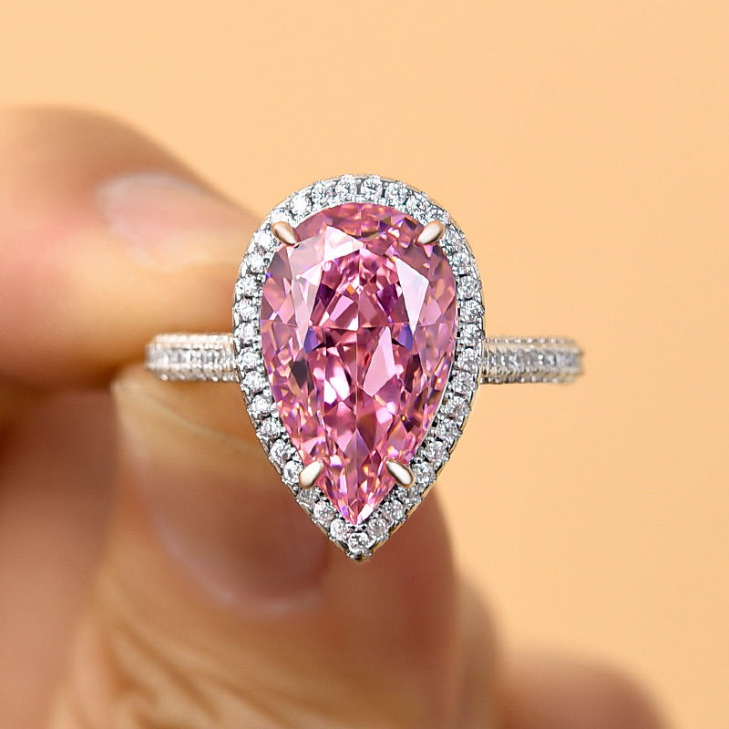 Pink Sapphire Three Stone Engagement Ring Double Halo Oval Cut