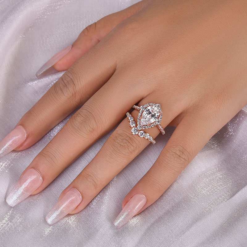 Elegant Rose Gold Carat Halo Pear Cut Bridal Ring Set In