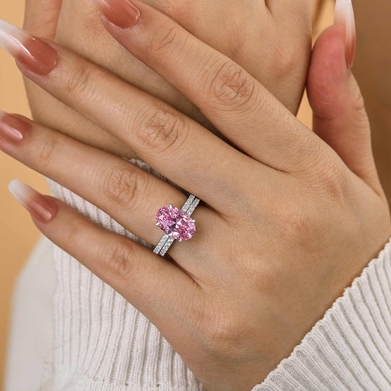 Lovely Oval Cut Pink Sapphire Wedding Ring Sets in Sterling Silver/ Size:7/ 18K White Gold/ 925 Sterling Silver