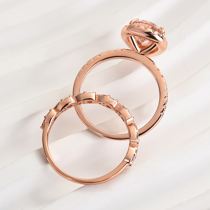 Pink Stone Wedding Set - Rose Gold Halo 3.0 Carat Pear Cut