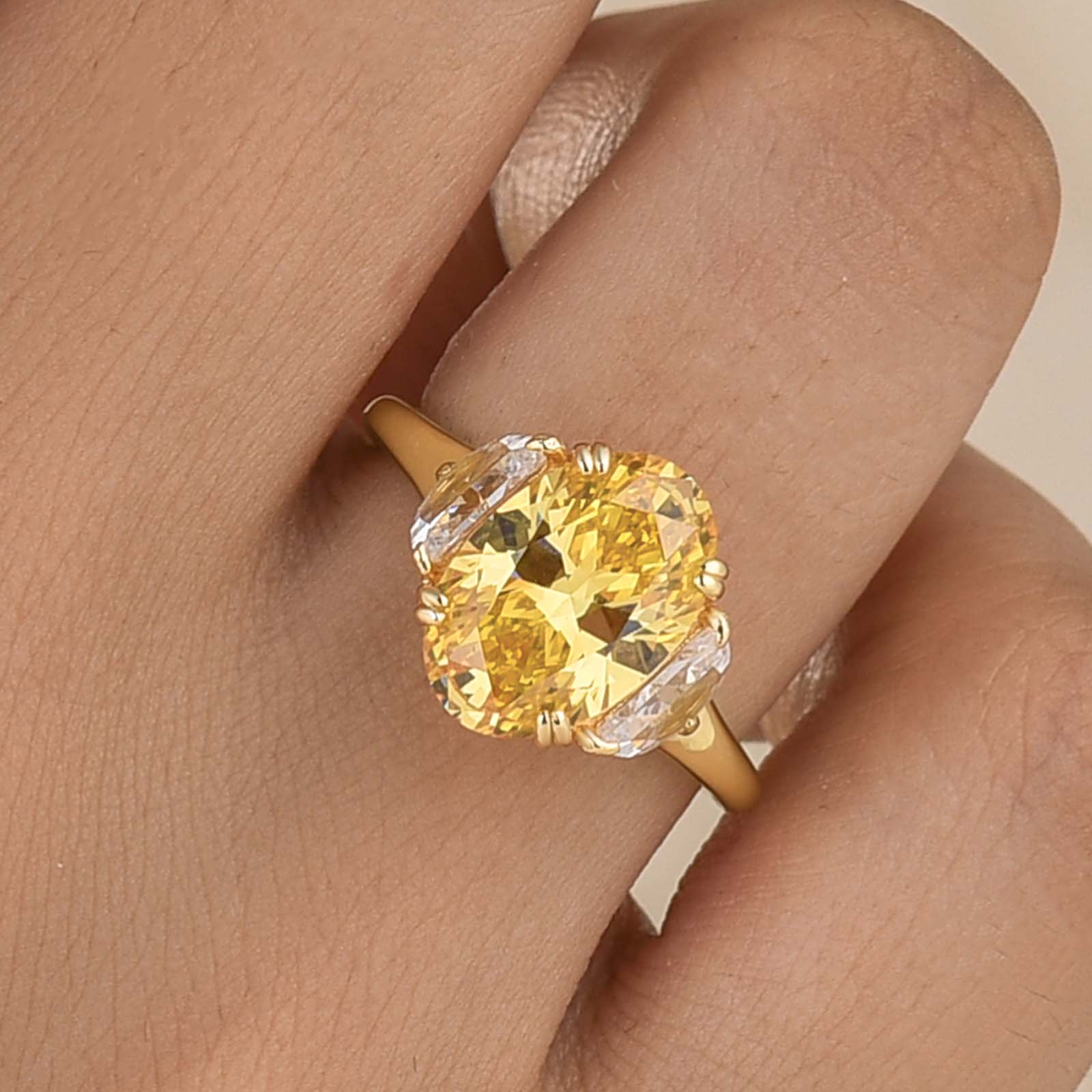 S925 4.0Ct Light Yellow Oval Cut Three Stone Statement Engagement