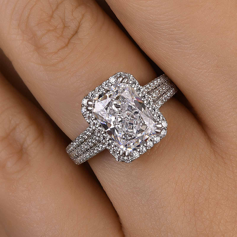 8*6MM Near White Radiant Cut Halo Diamond Ring, Split Shank Moissanite Diamond Ring, 2024 Art Deco Engagement Ring, Filligree Band Ring For Women