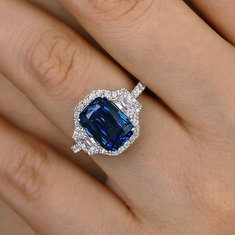 Cushion Cut Royal Blue Sapphire Engagement Ring, 1.75 Ct Moissanite Ring, Pave Accents Halo deals Ring, Solitaire With Accent Anniversary Ring