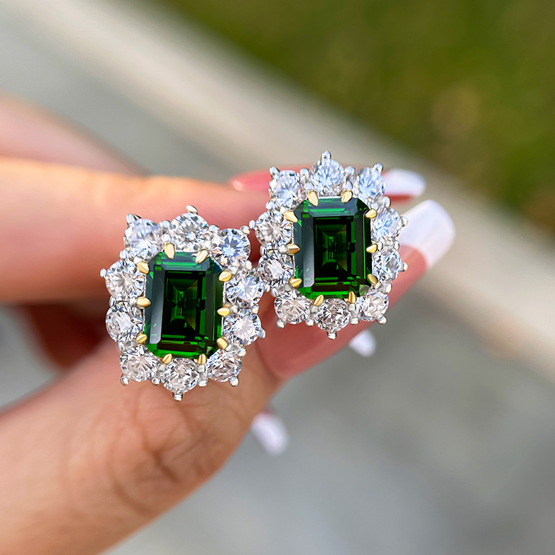 Vintage Flower Design Yellow Gold Emerald Cut Emerald Green Earrings In  Sterling Silver