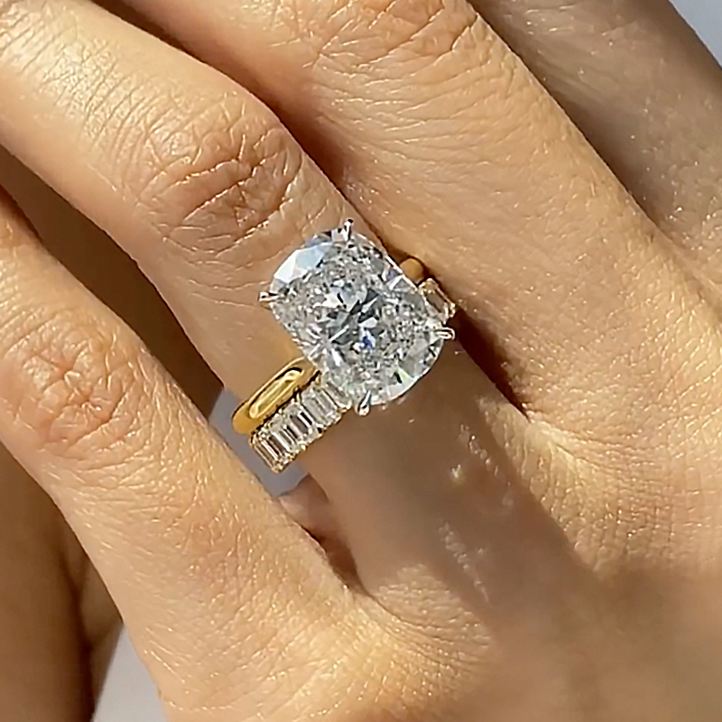 2PC Wedding Sets Cushion Cut Hidden Halo Yellow Gold