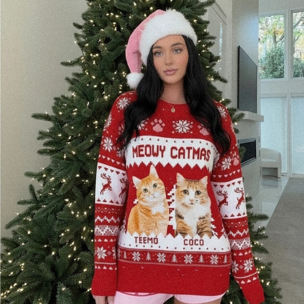 Personalized Custom Photo Meowy Catmas Ugly Knit Sweatshirt