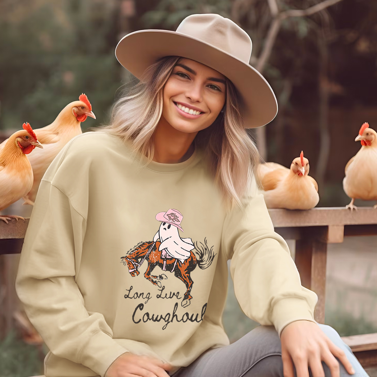 Lady Halloween ghost galloping on horseback Sweatshirt