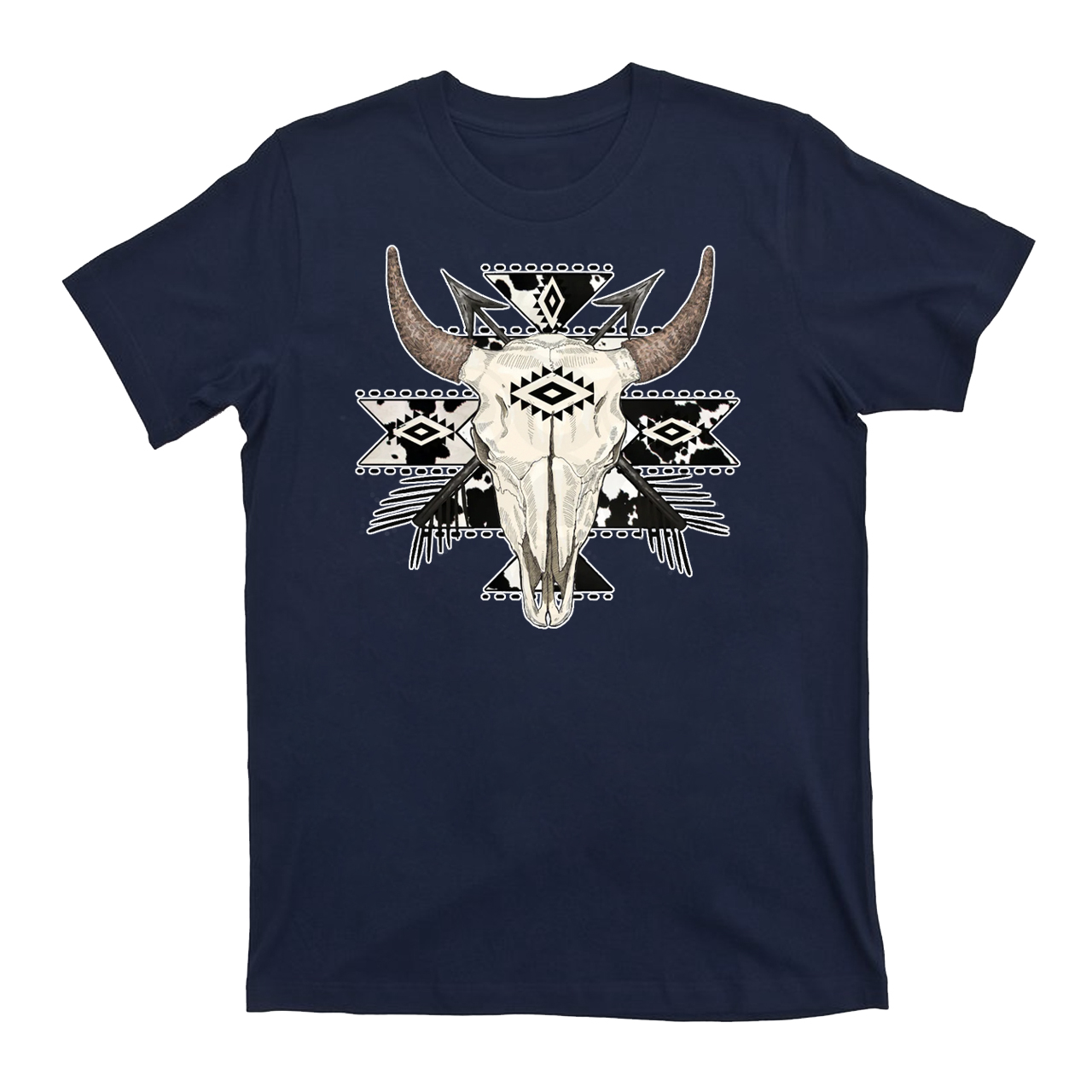 Cow Print Aztec Western Bull Skull T-Shirts