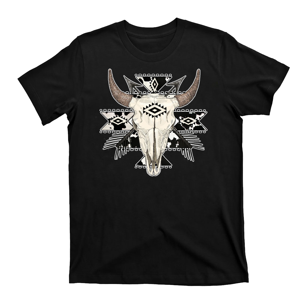Cow Print Aztec Western Bull Skull T-Shirts