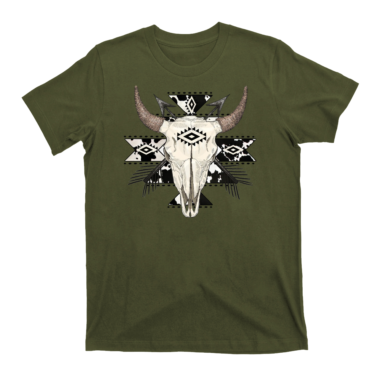 Cow Print Aztec Western Bull Skull T-Shirts