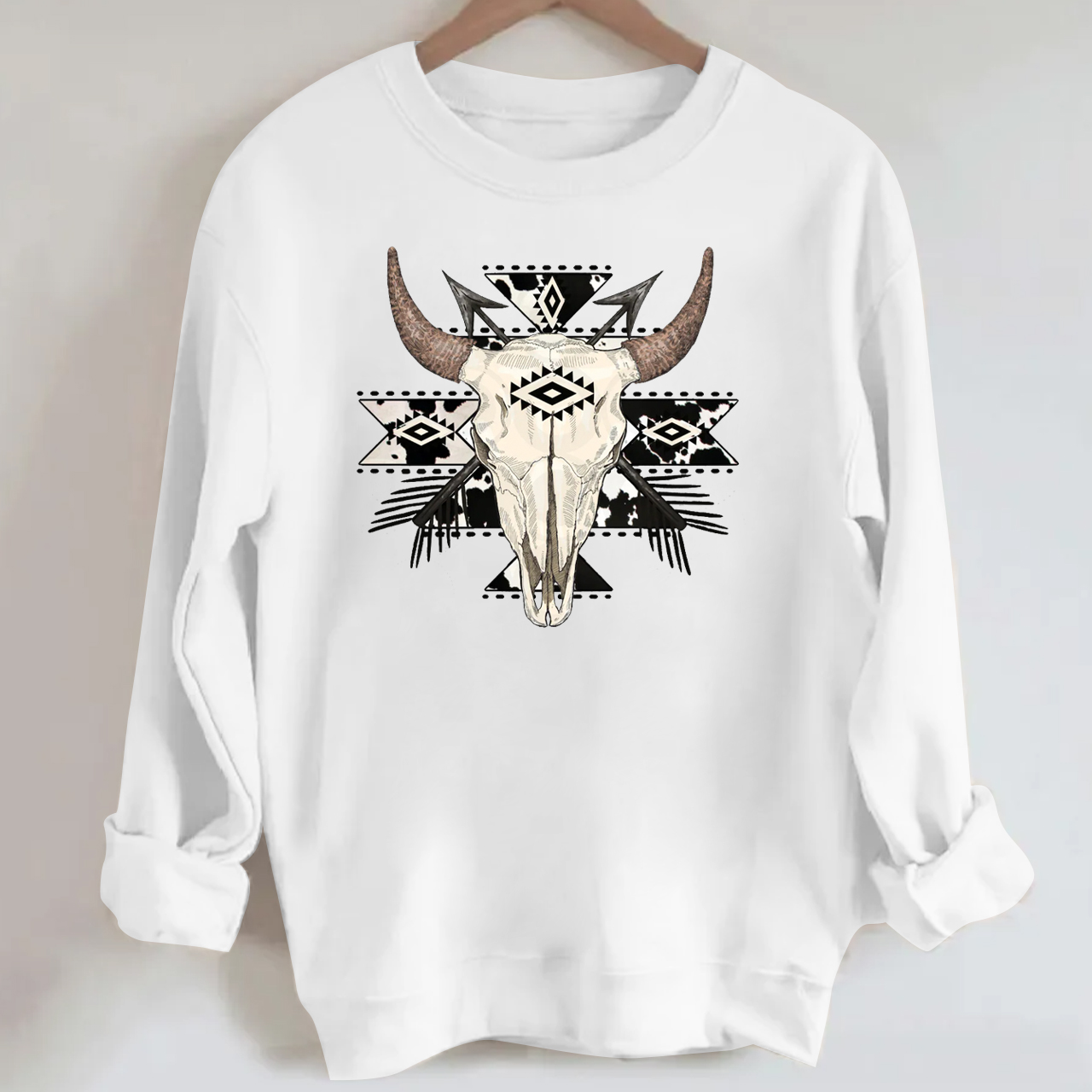 Cow Print Aztec Western Bull Skull Sweatshirt