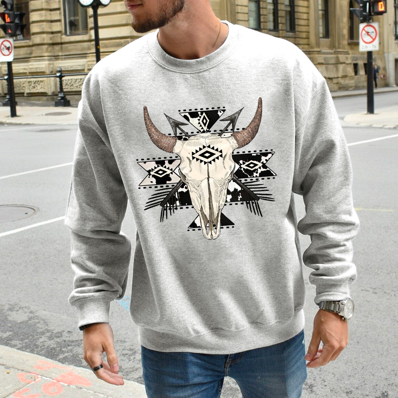 Cow Print Aztec Western Bull Skull Sweatshirt