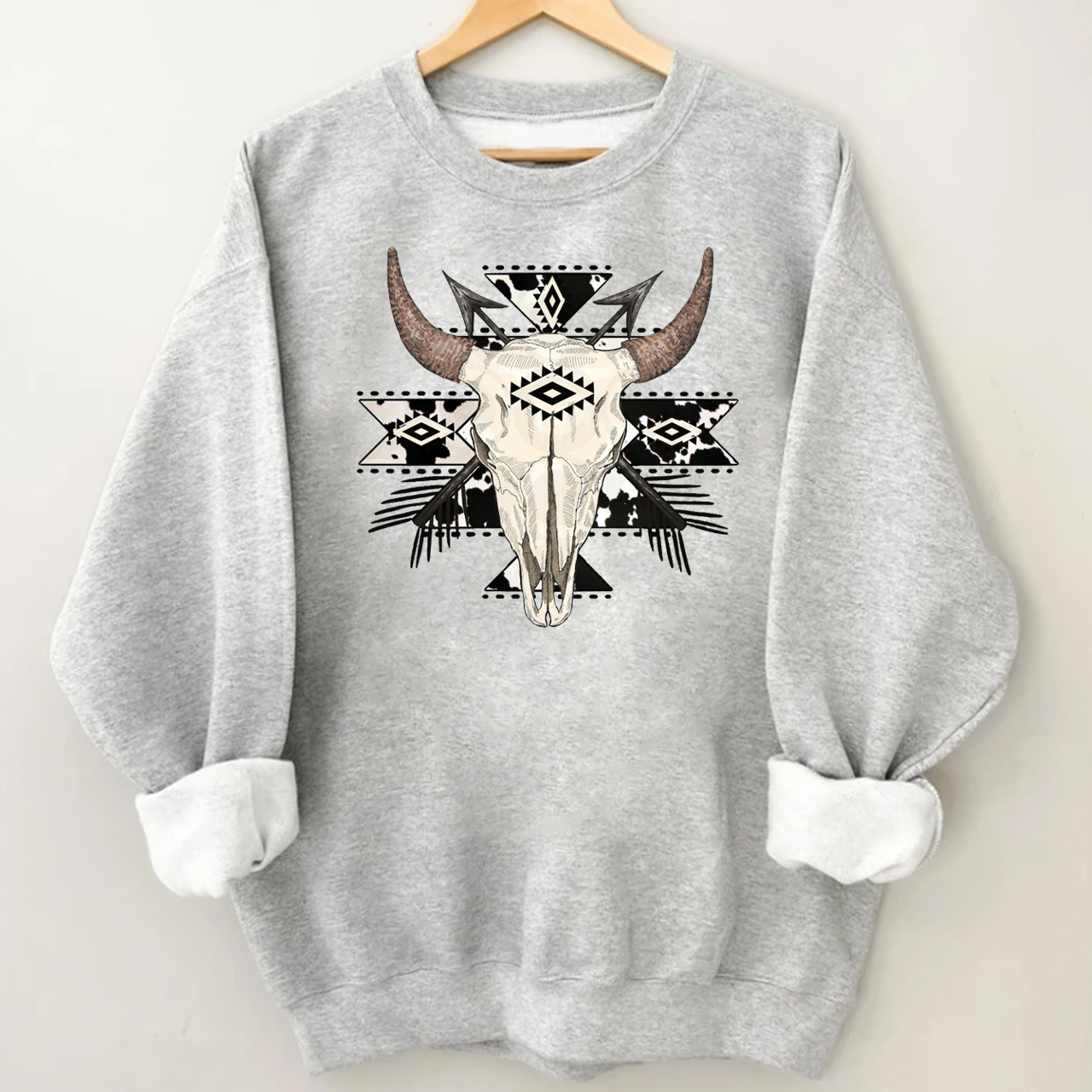 Cow Print Aztec Western Bull Skull Sweatshirt