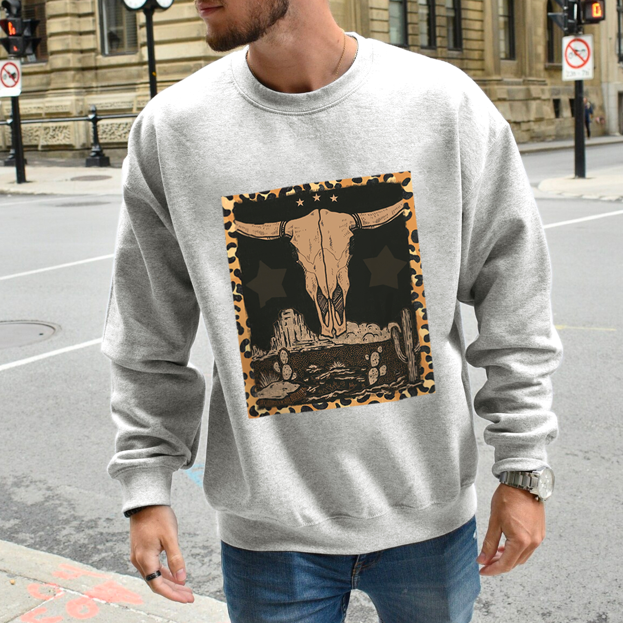 Western Label Longhorn Skull Desert Sweatshirt