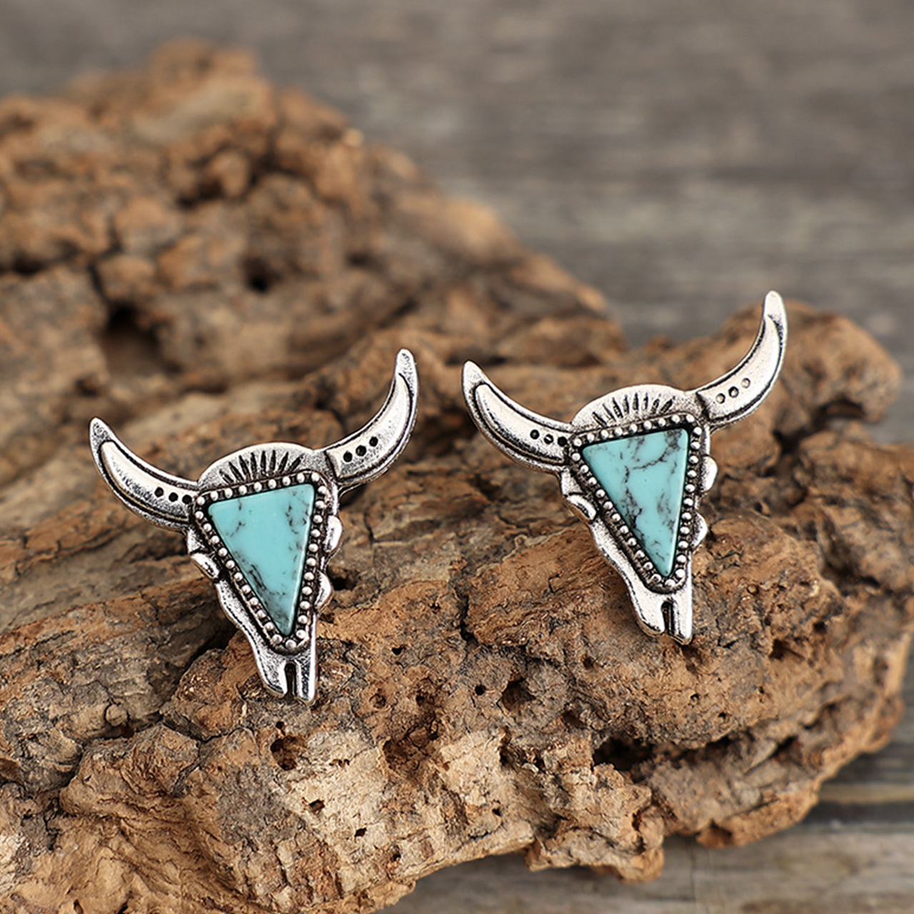 Western Style Cow Head Turquoise Earrings