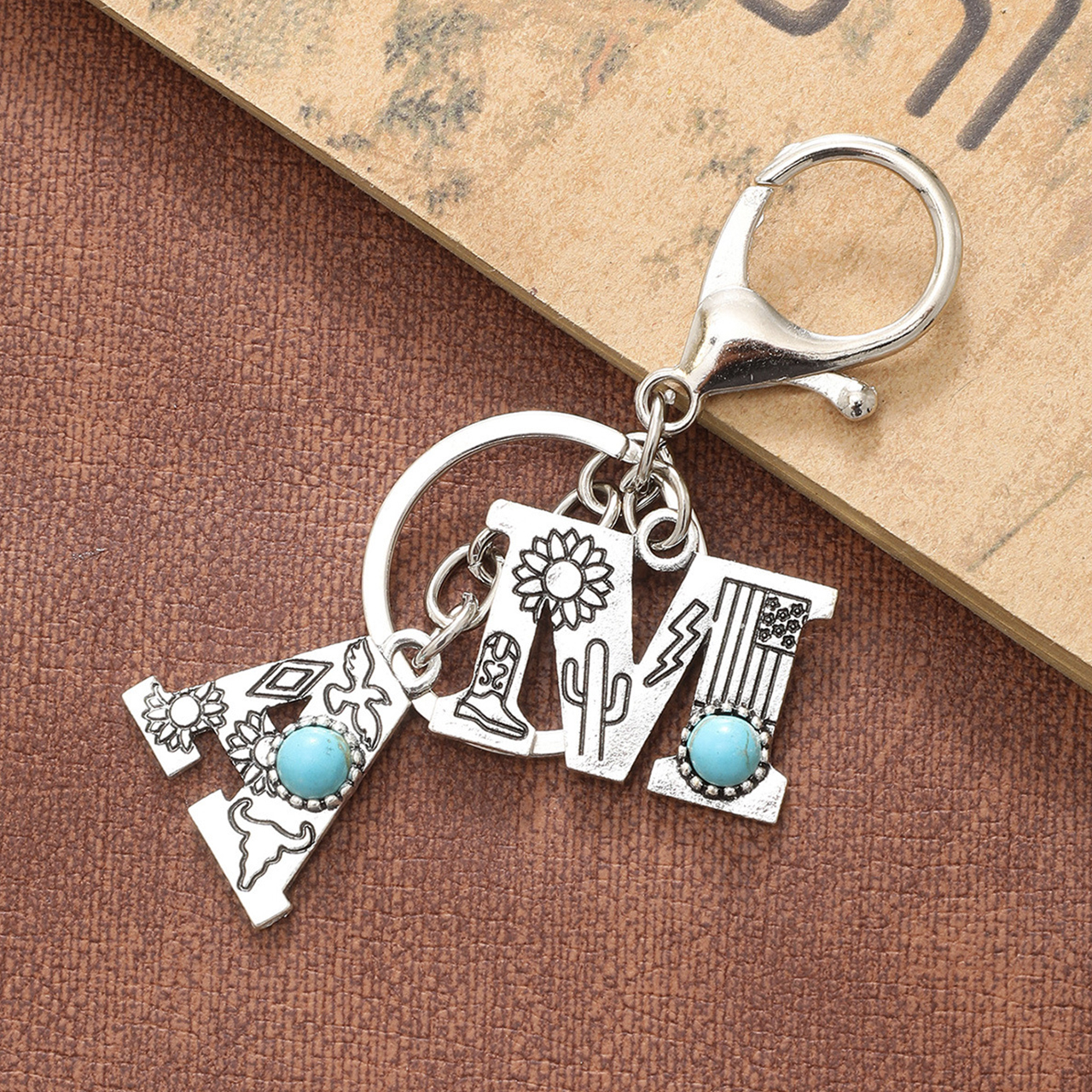 Letter AM Retro Cowboy Keychain Car Bag Pendant