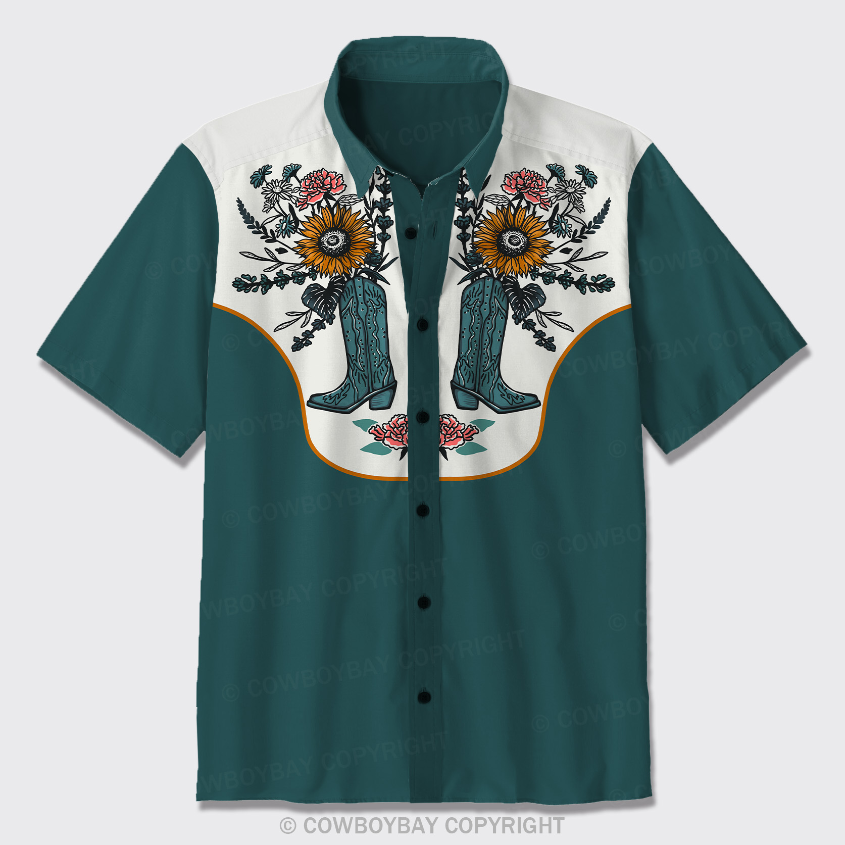 Cowboy Boots Floral Arrangement Button Up Shirts