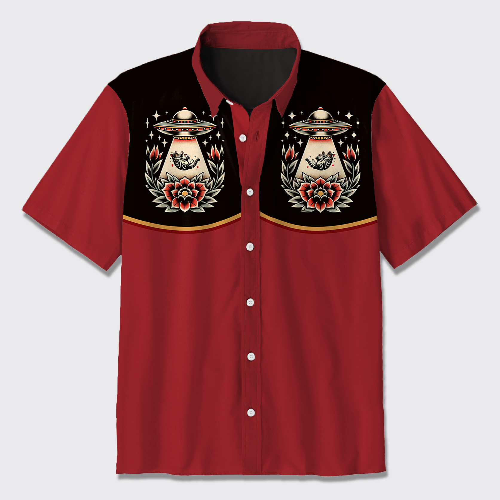 Alien Spacecraft And Cat Button Up Shirts