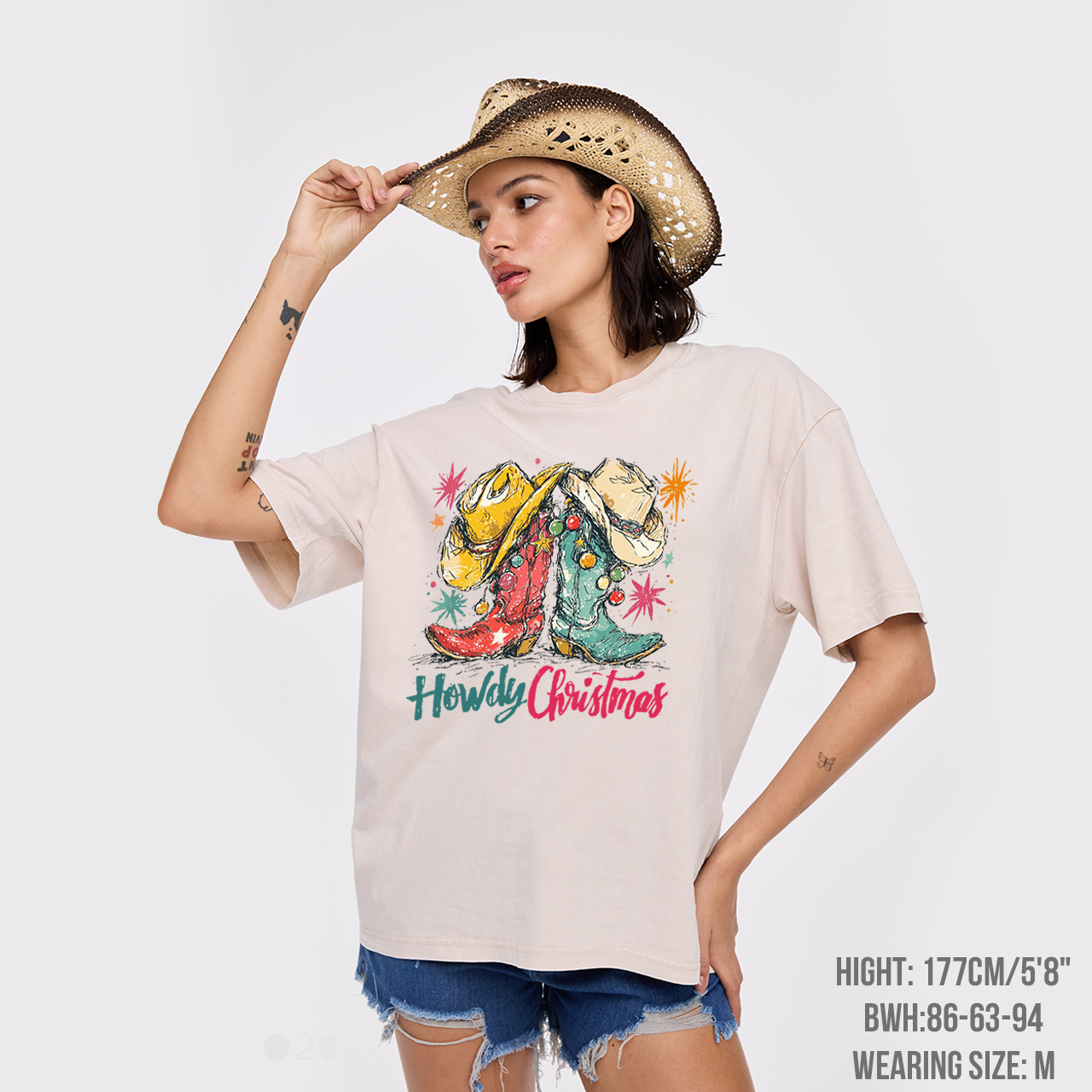 Howdy Christmas Western Cowboy Boot Garment-dye Tees