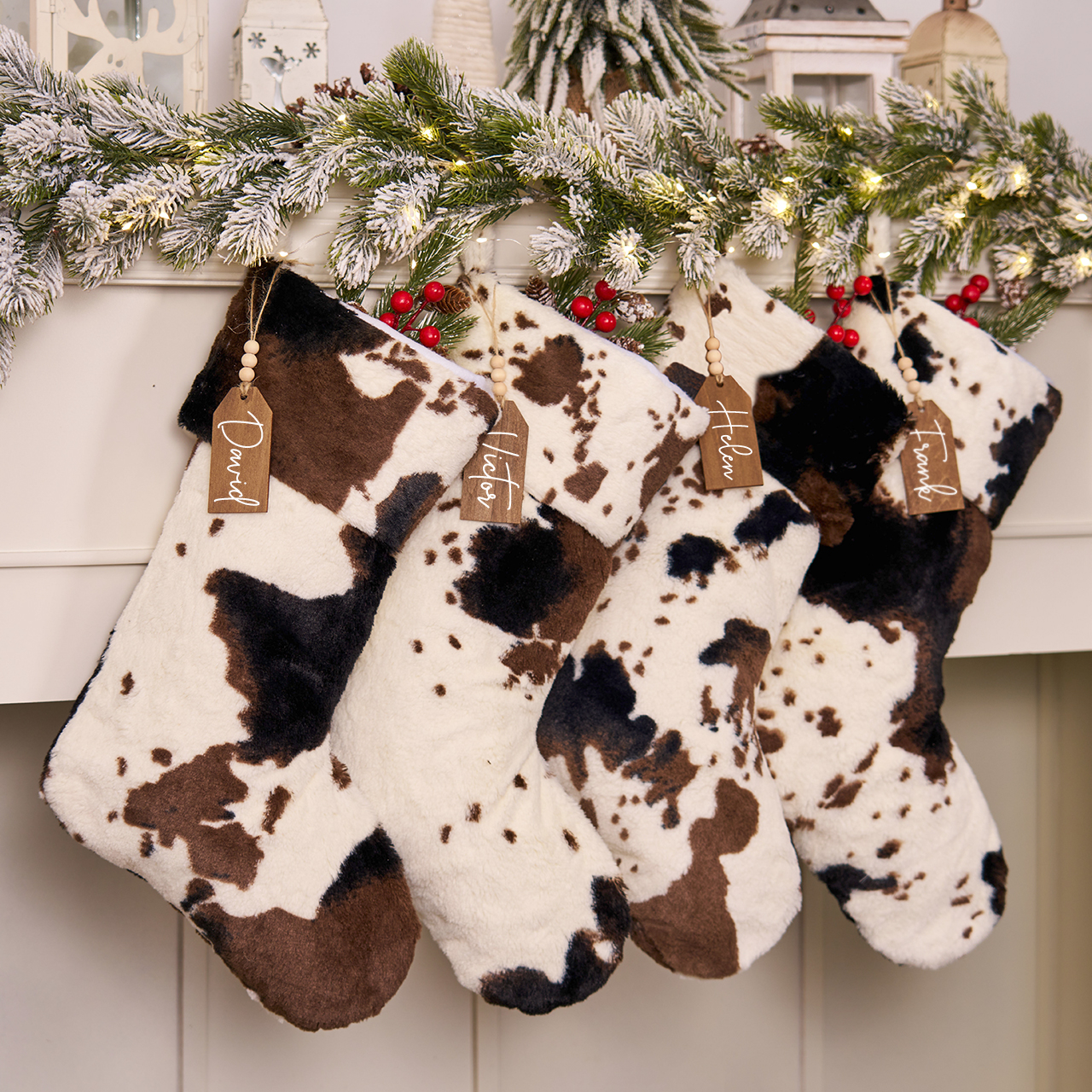 Personalized Log Tag Cow Print Plush Christmas Socks