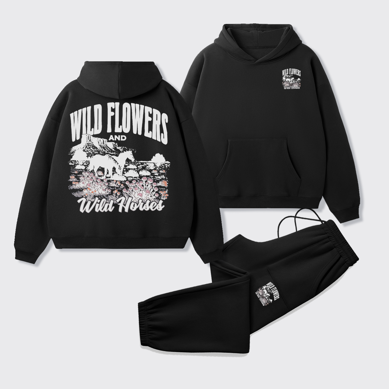 Retro Western Wildflower Wild Horses Fleece Hoodie Set