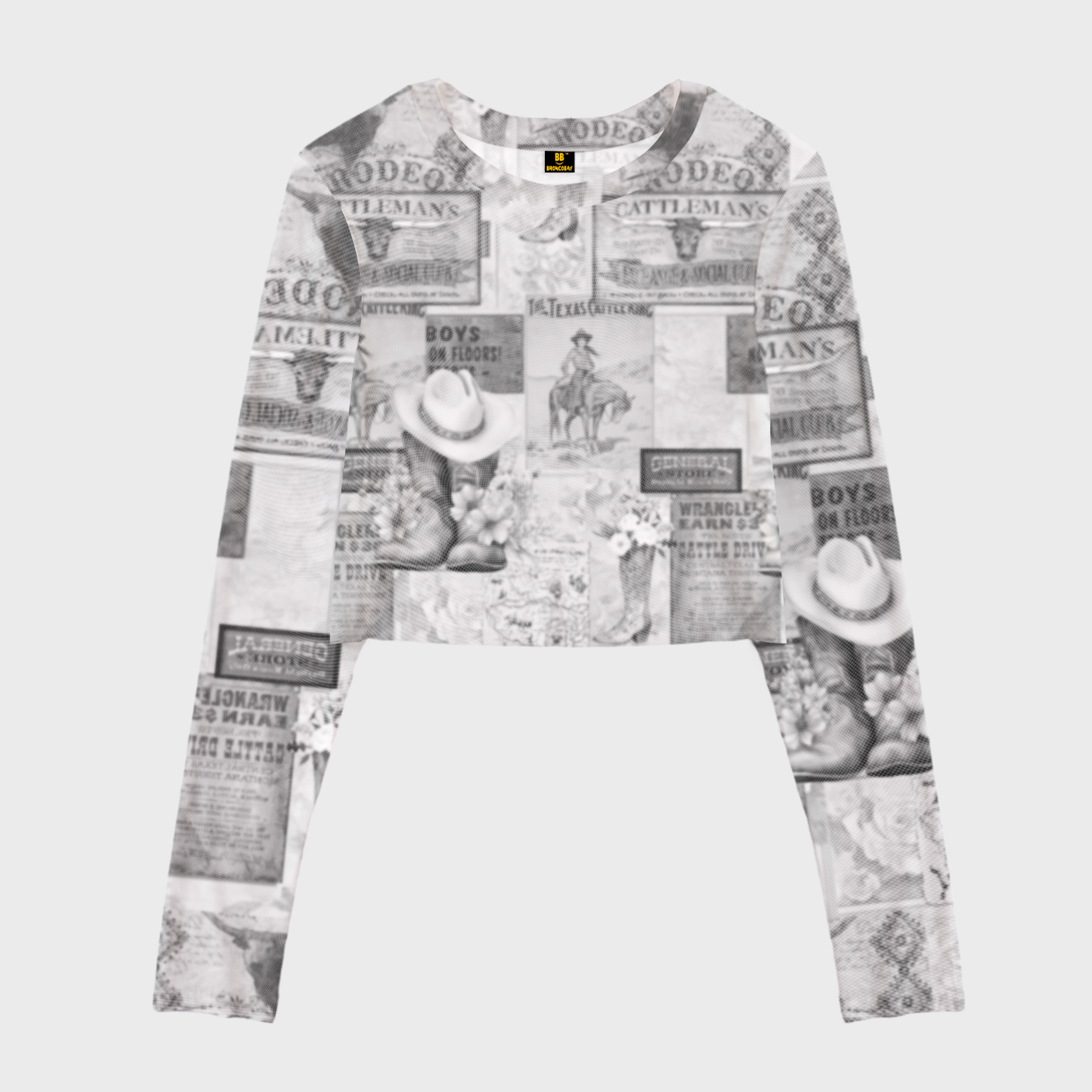 Retro Western Element Collage Print Mesh Crop Long Sleeves