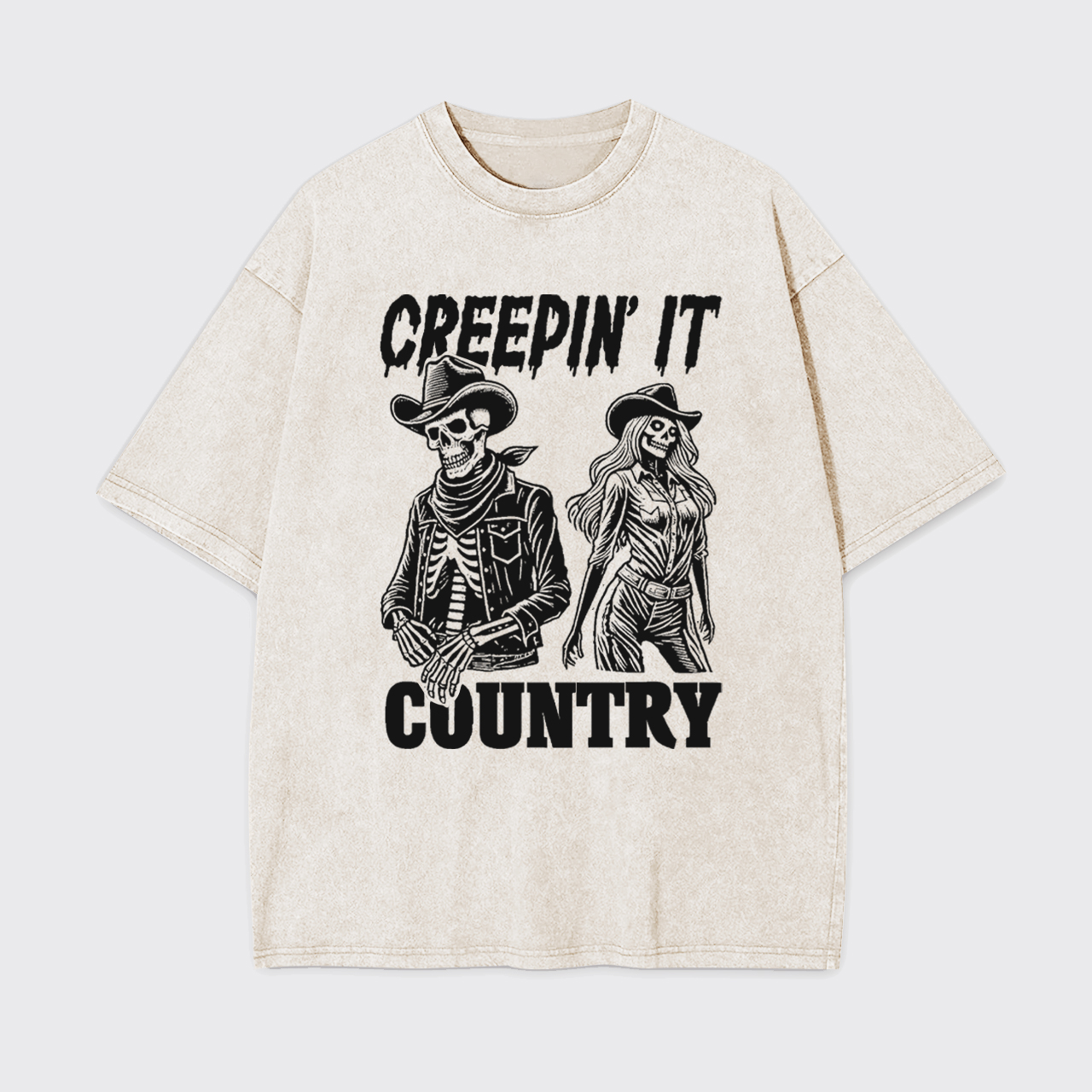 Creepin' It Cowboy Skeleton Cowgirl Ghost Garment-dye Tees