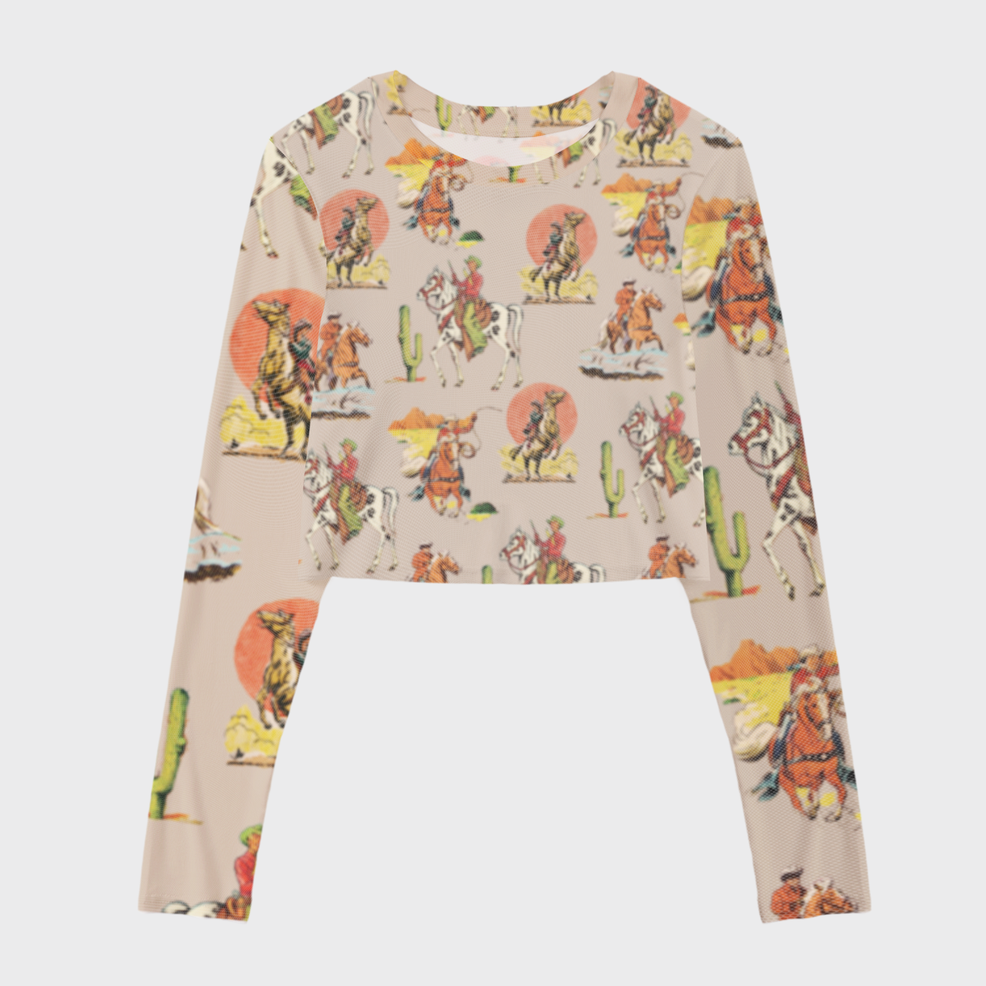 Western Cowboy Style Print Mesh Crop Long Sleeves