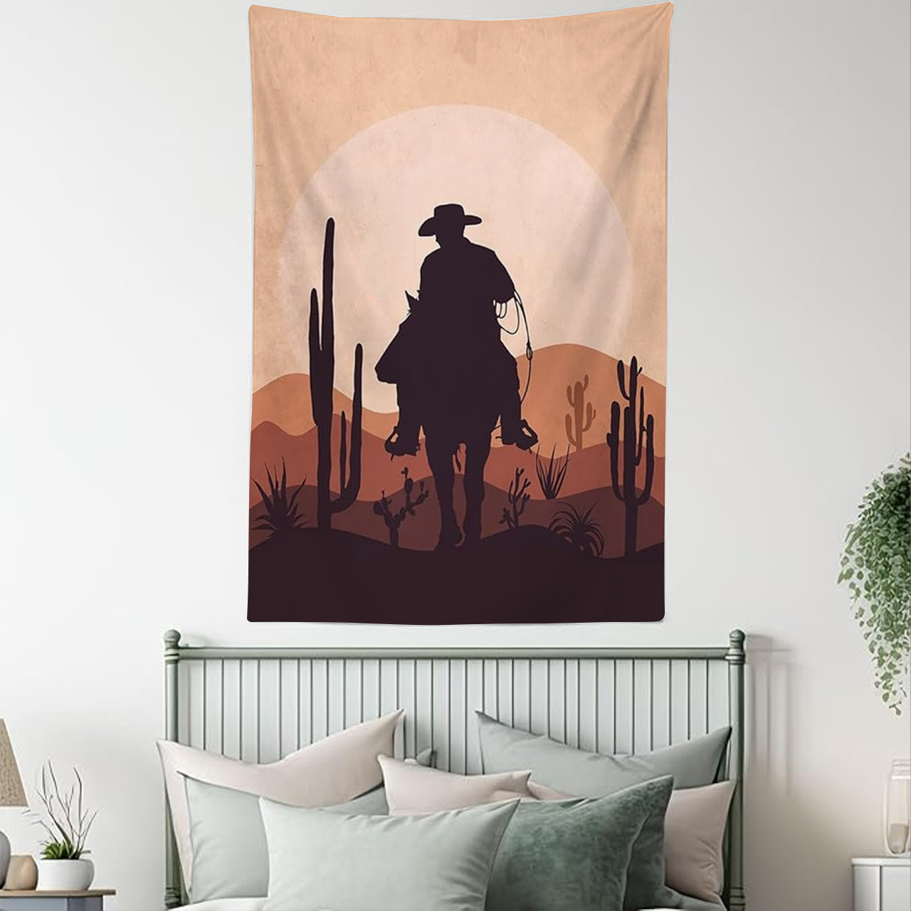 Country Cowboy Riding Horse in Wild West Tapestry