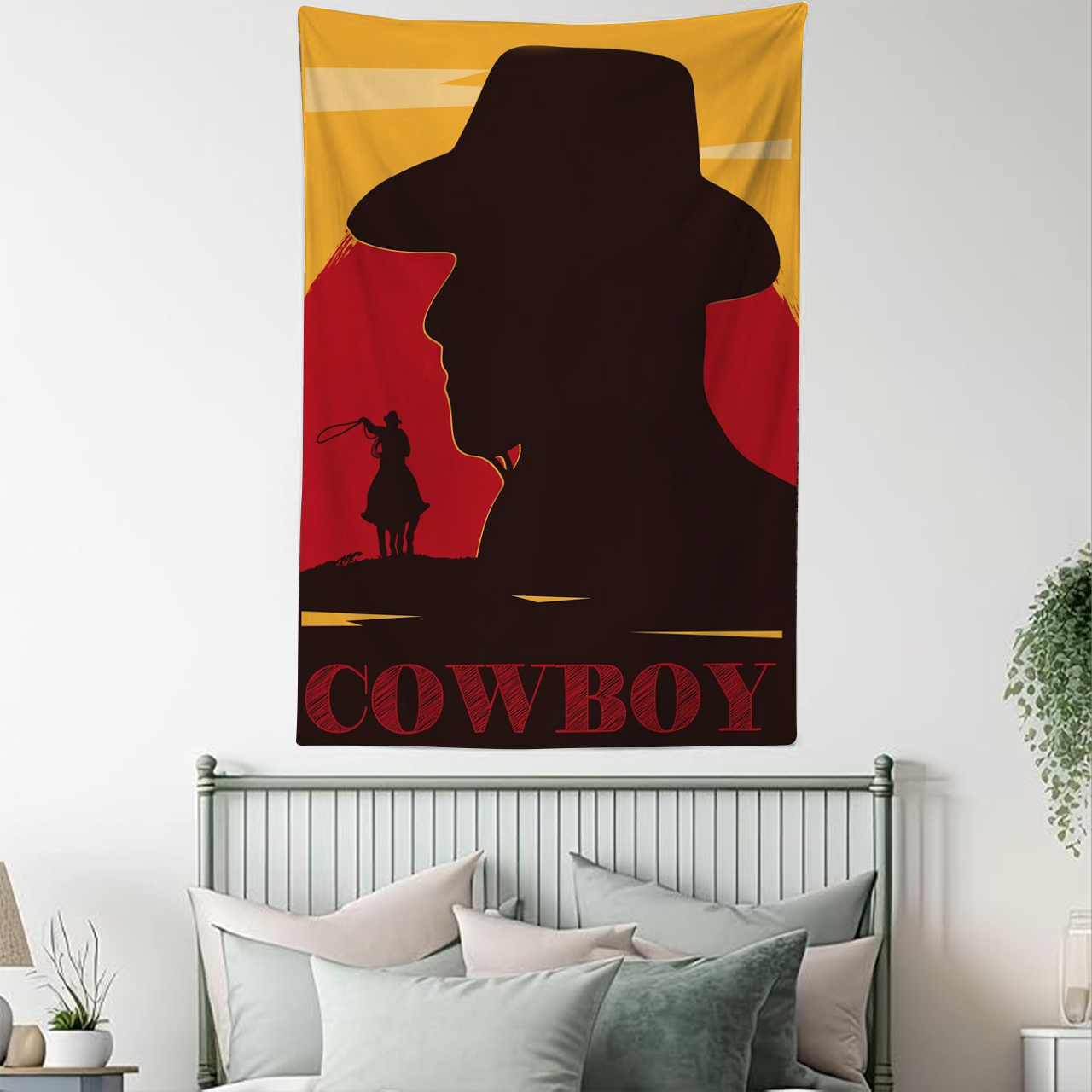 Cowboy Riding Horse in Wild West Tapestry