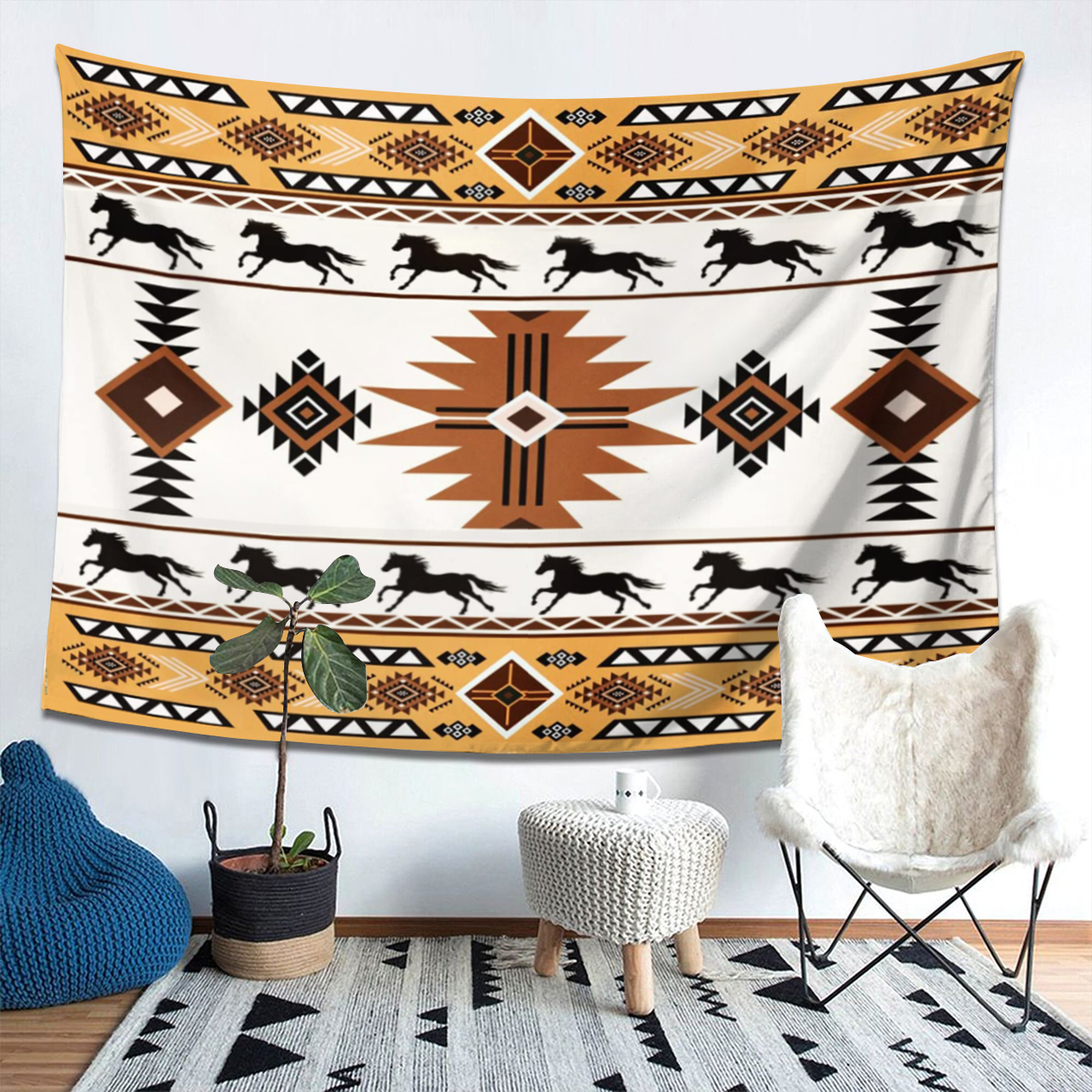 Aztec Castle Fairy Horses Silhouette Tapestry