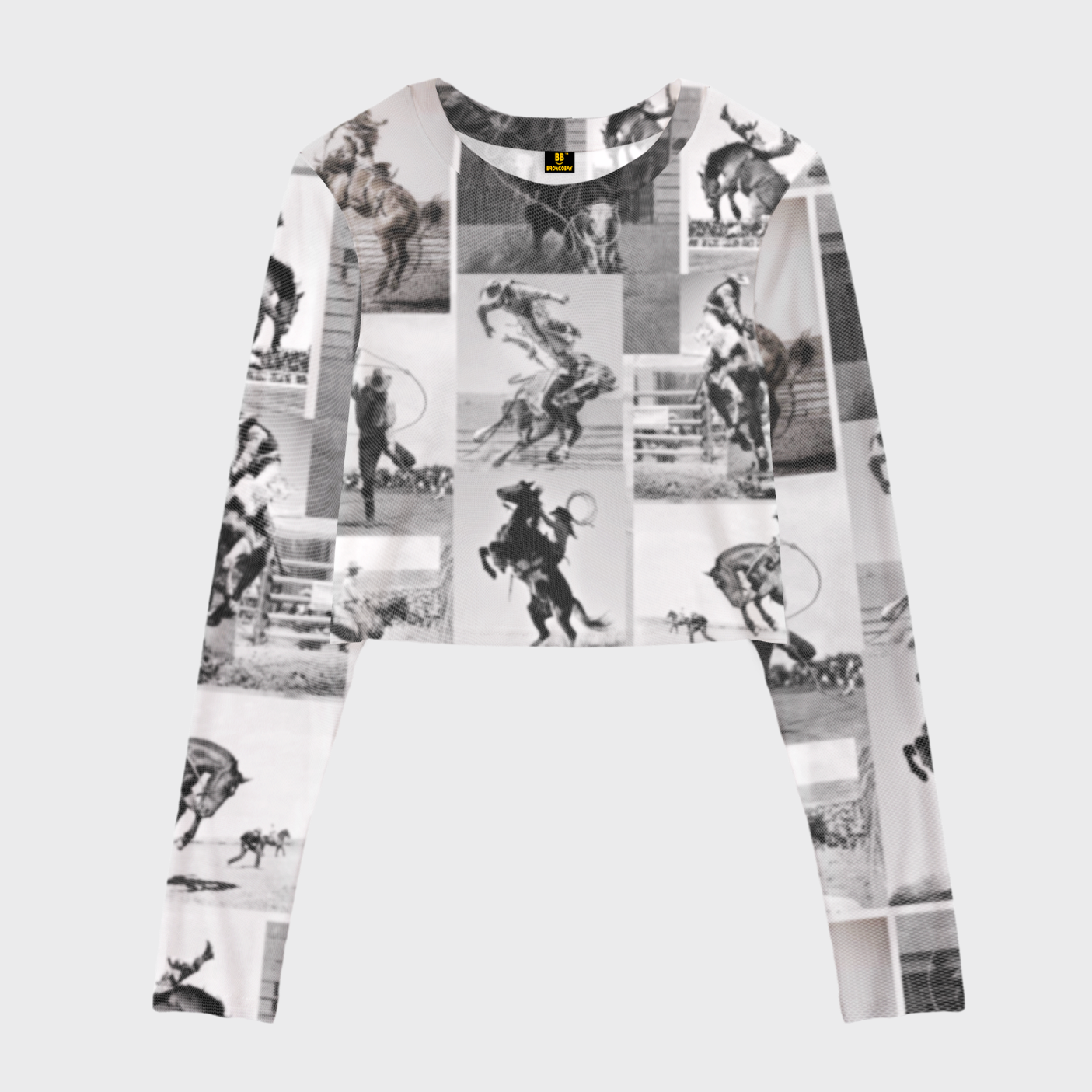 Black And White Rodeo Puzzle Print Mesh Crop Long Sleeves