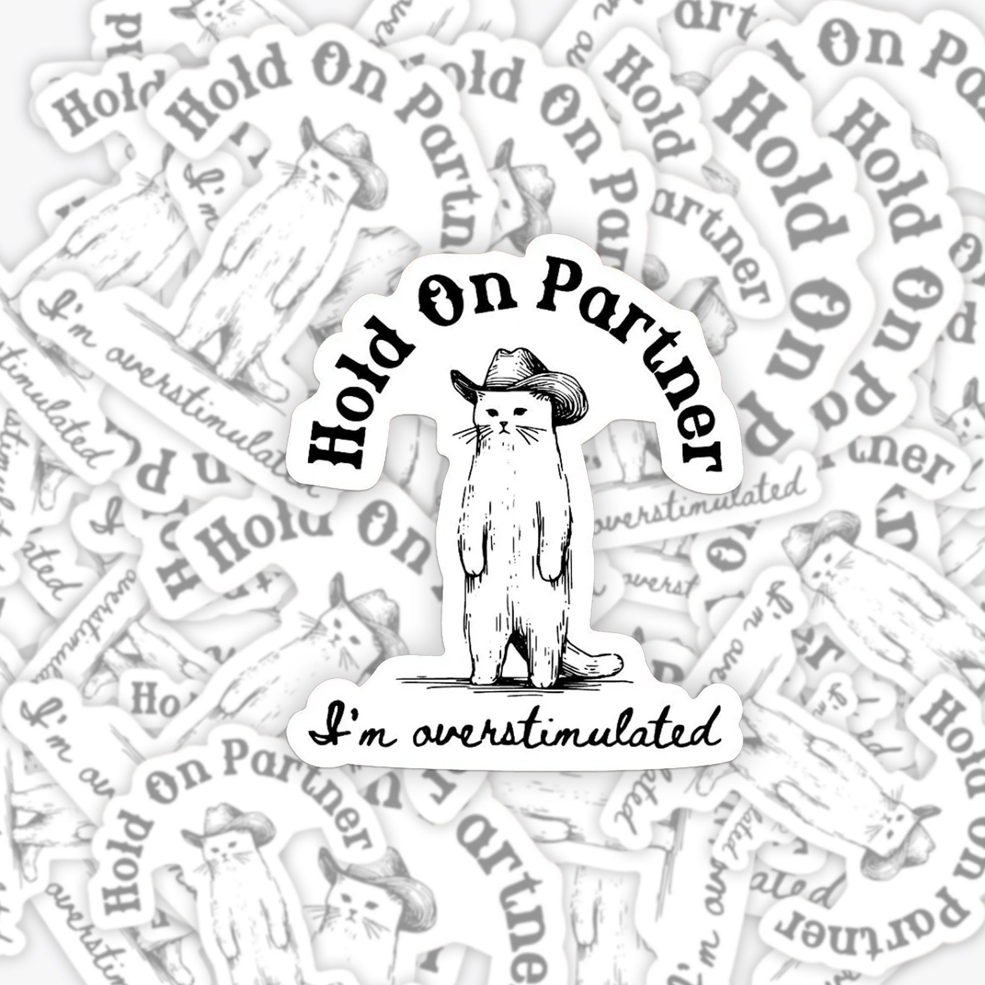 Funny Cat Hold On Partner I'm Overstimulated_Broncobay Sticker