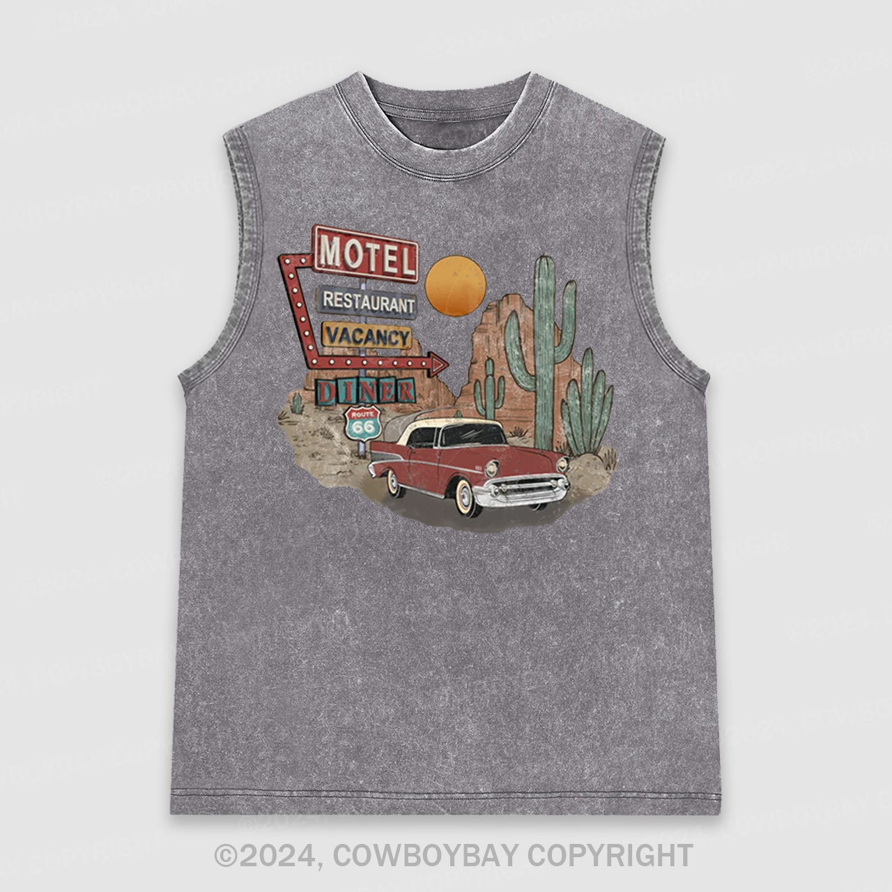 Route 66 Motel Retro Rock and Roll Desert Cactus Washed Tanks
